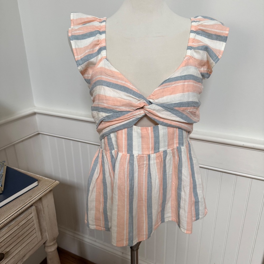 NWOT Loft Womens Striped Linen Blend‎ Twist Front Peplum Top Peach Blue XS